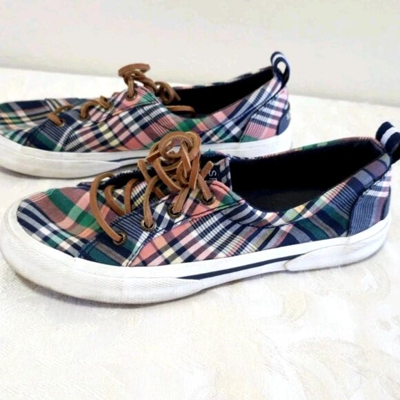Women SPERRY Canvas Boat Loafers Flats Shoes 6 Plaid Navy Blue Coral Leather Tie - Picture 5 of 12